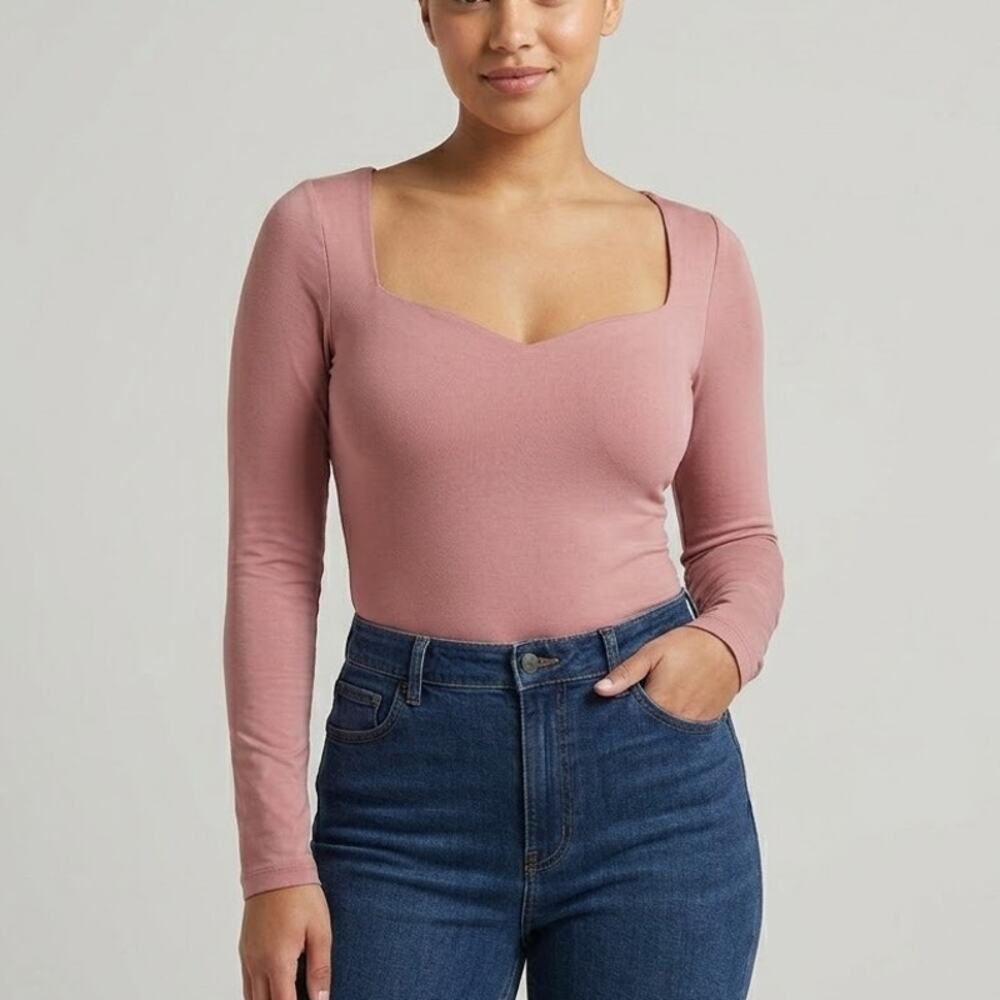 NWT Halara Fitted Bodysuit Long Sleeve Sweetheart Neck Mauve Pink Womens Size L